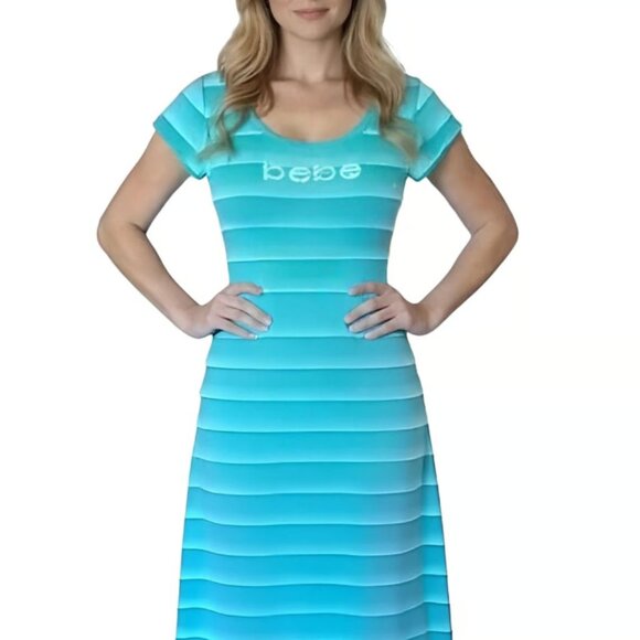 Bebe Y2K Aqua Blue White Swarovski Crystal Maxi Dress Size S EVC - Picture 1 of 10